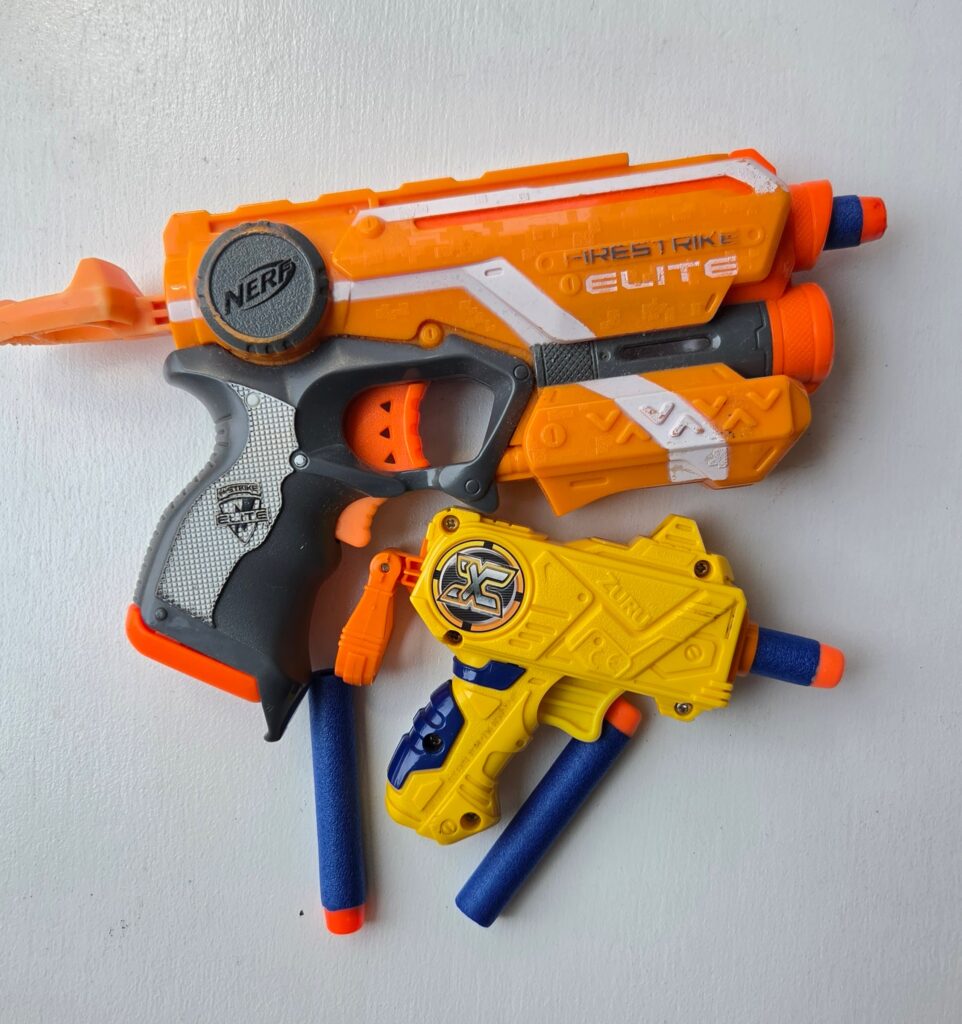 8 items we use in our preschool homeschool, nerf guns.